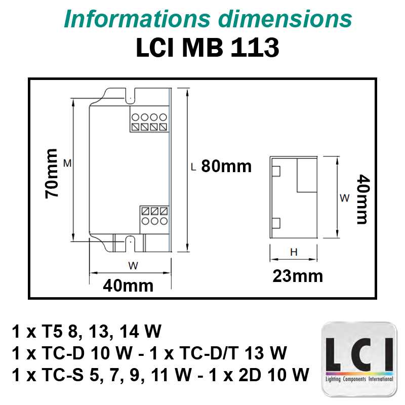 Dimensions Ballast electronique LCI MB 113