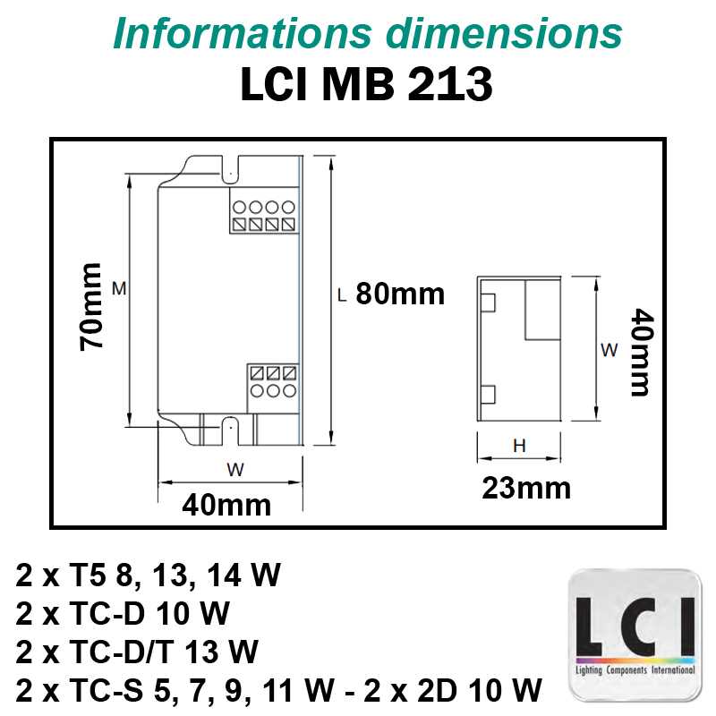 Dimensions Ballast electronique LCI MB 213