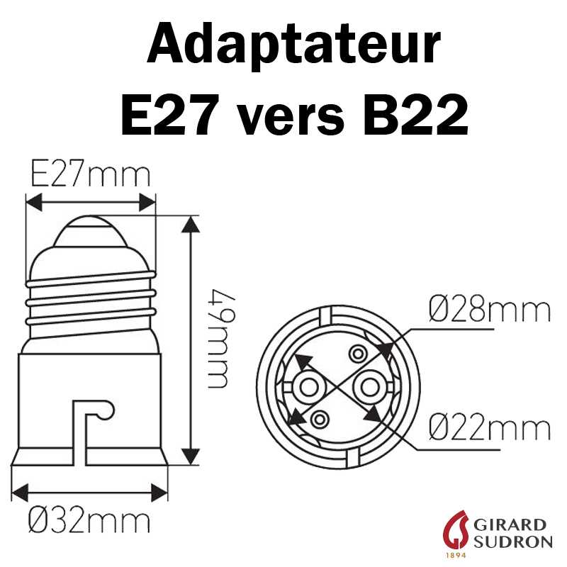 dimensions adaptateur E27 vers B22