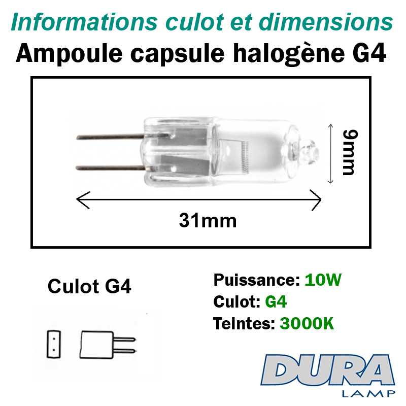 dimensions ampoule halogène 10W G4