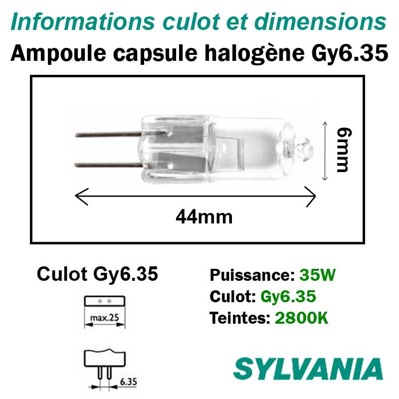 dimensions ampoule halogène 35W Gy6.35