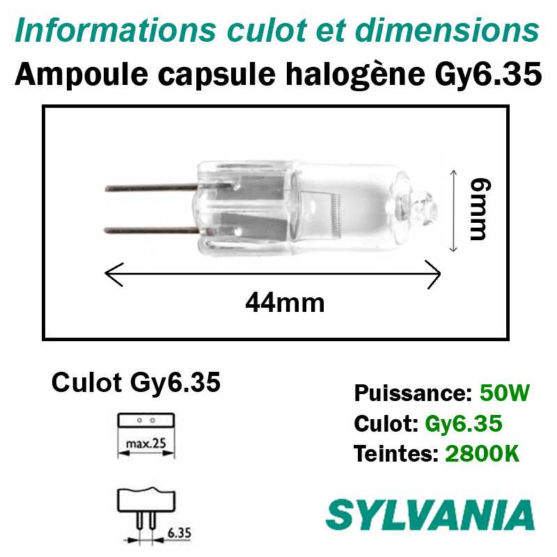 dimensions ampoule halogène 50W Gy6.35