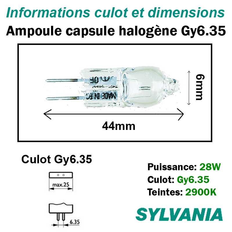 dimensions ampoule halogène 28W Gy6.35