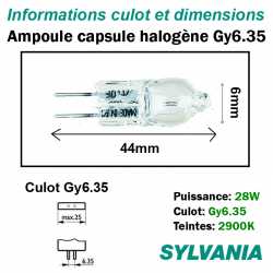 dimensions ampoule halogène 28W Gy6.35
