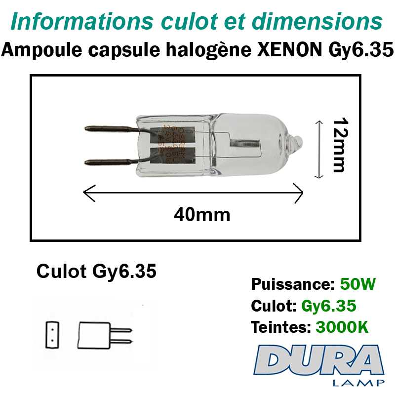 dimensions ampoule halogène 50W Gy6.35 xenon