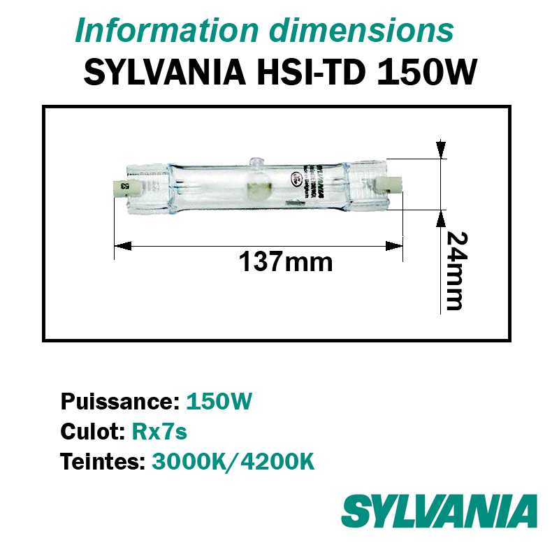 Dimensions SYLVANIA HSI-TD 150W Rx7s