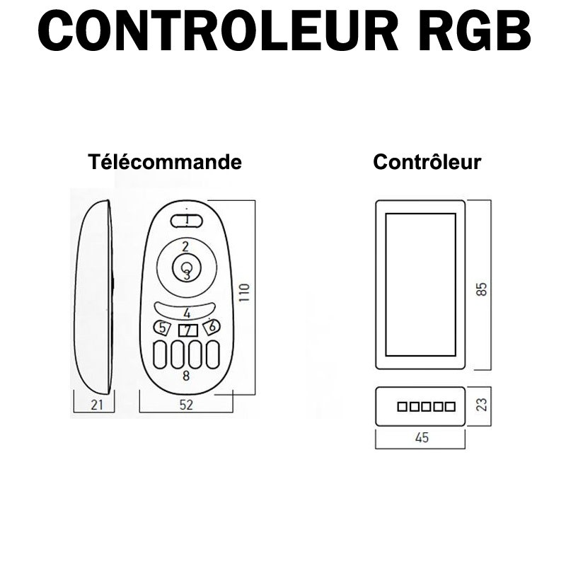 Dimensions télécommande et contrôleur RGB