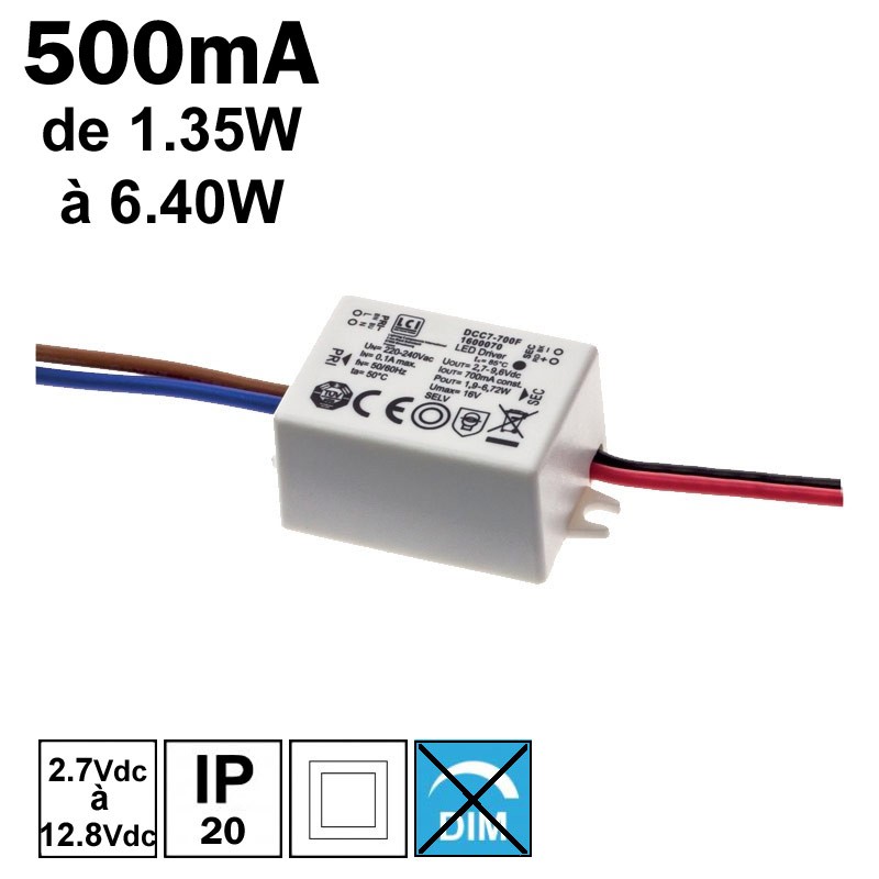 LCI 1600068 - Alimentation LED 500mA de 1,35 à 6,40W LCI 1600068 - Alimentation LED 500mA de 1,35 à 6,40W