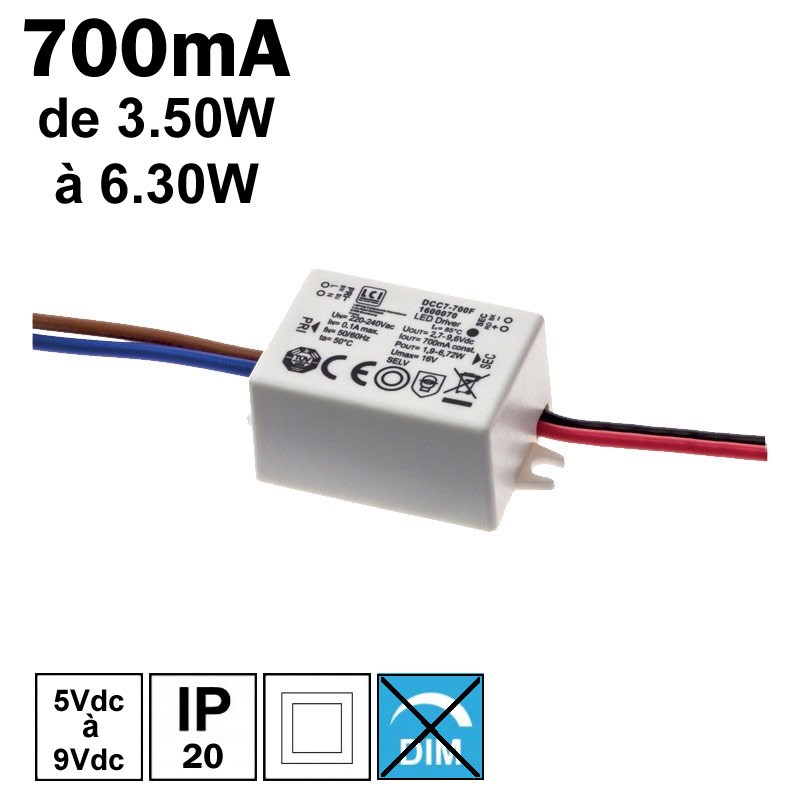 LCI 1600071 - Alimentation LED 700mA de 3,50W à 6,30W LCI 1600071 - Alimentation LED 700mA de 3,50W à 6,30W