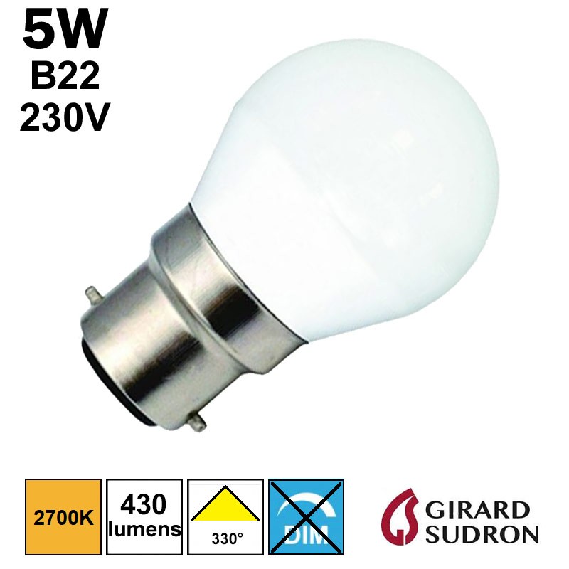 Ampoule LED B22 sphérique 4,9W 470Lm 3000K - garantie 2 ans