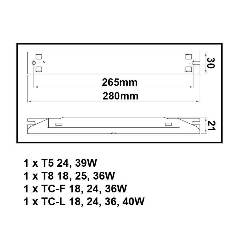 Dimensions ballast pour tube fluorescent 24W, 39W