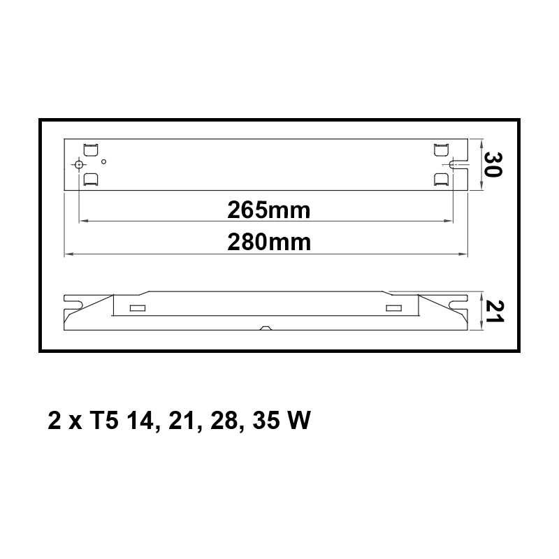 Dimensions ballast pour 2 tubes fluorescents 14W, 21W, 28W, 35W - Alimentation électronique