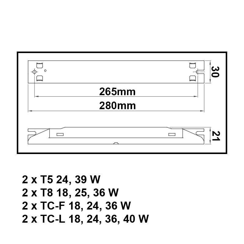 Dimensions ballast pour 2 tubes fluorescents 24W, 39W