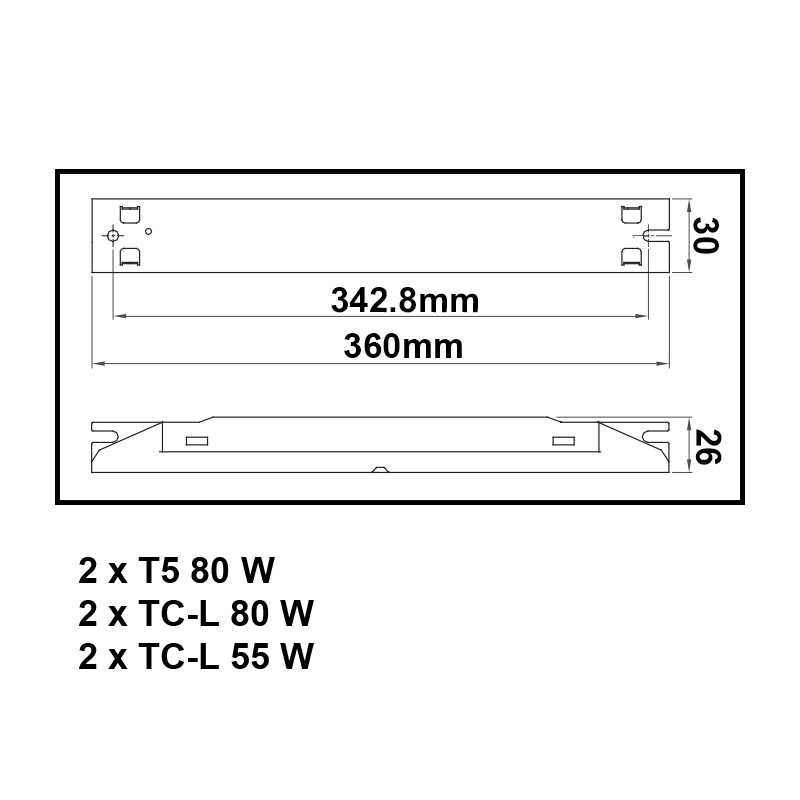 Dimensions ballast pour 2 tubes fluorescents 80W