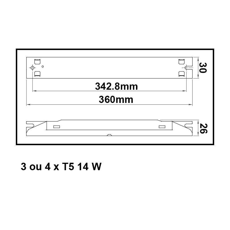 Dimensions ballast pour 3 ou 4 tubes fluorescents 14W