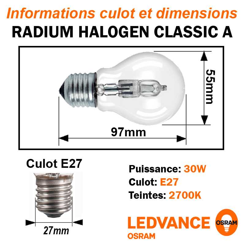 Ampoule eco-halogène 30W E27 230V RADIUM OSRAM