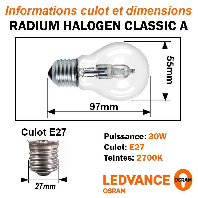 Lampe eco-halogène 30W E27 230V RADIUM OSRAM