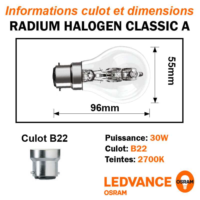 Lampe eco-halogène 30W B22 240V RADIUM OSRAM