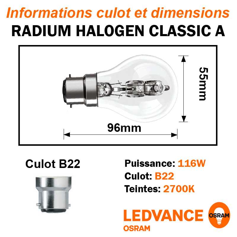 Lampe eco-halogène 116W B22 240V RADIUM OSRAM